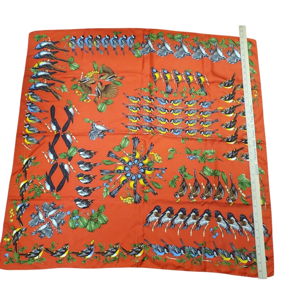 100% Silk Bird Print Scarf. 34" x 34". Orangish Red w/ Multicolor Birds - Picture 13 of 13